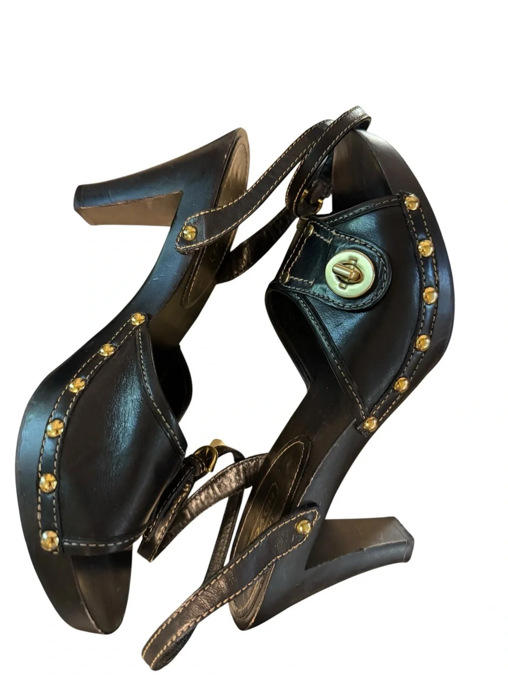 Coach Turnlock Leather Platform Ankle Strap Heels Black Studded Size 11